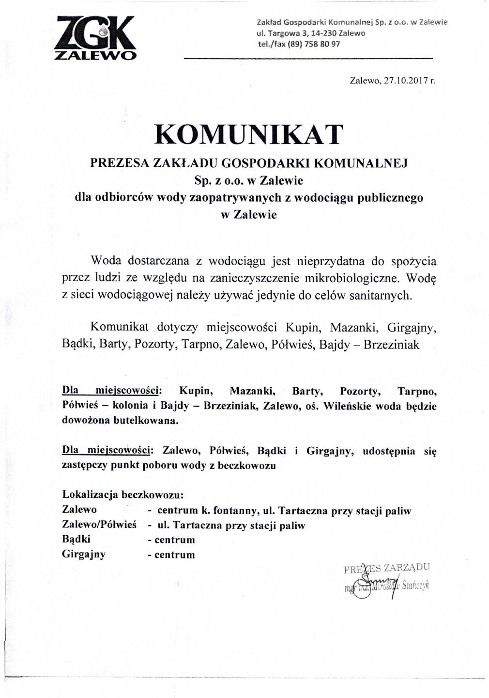 Komunikat Prezesa ZGK Sp. z o.o. w Zalewie