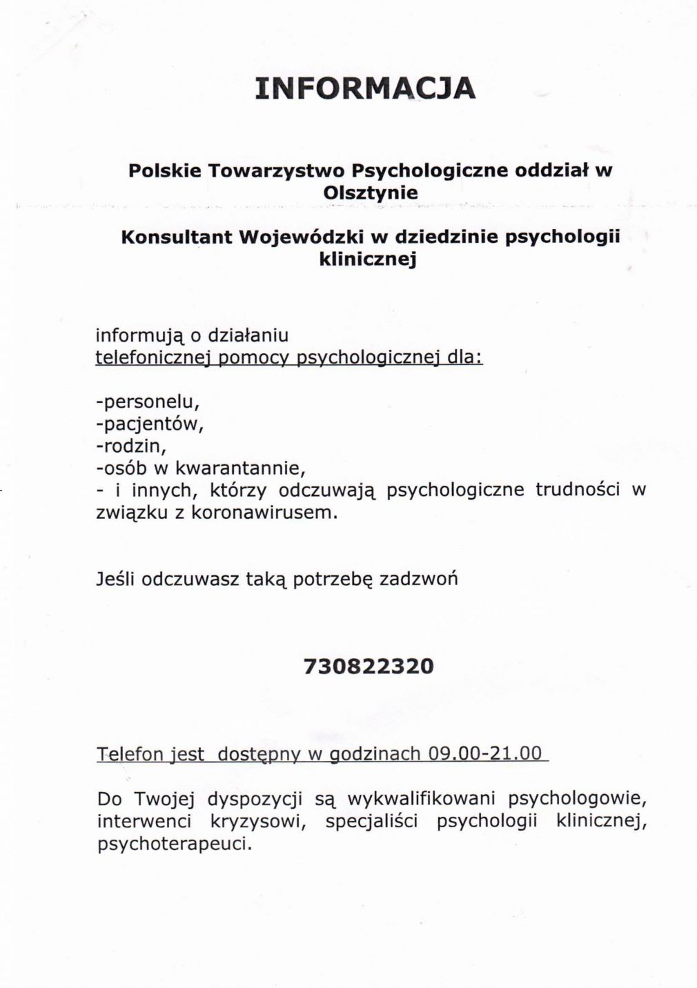 Informacja Polskiego Towarzystwa Psychologicznego oddział w Olsztynie