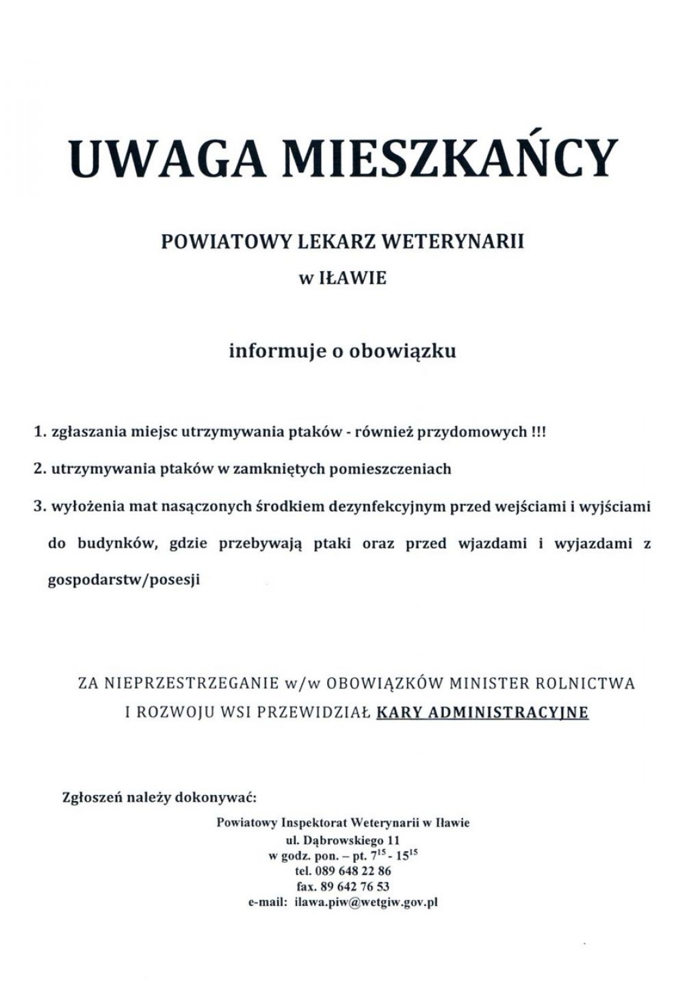 Komunikat Powiatowego Lekarza Weterynarii w Iławie
