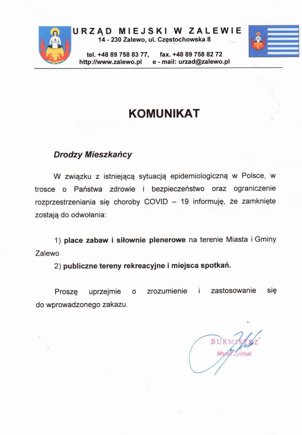 Komunikat Burmistrza Zalewa