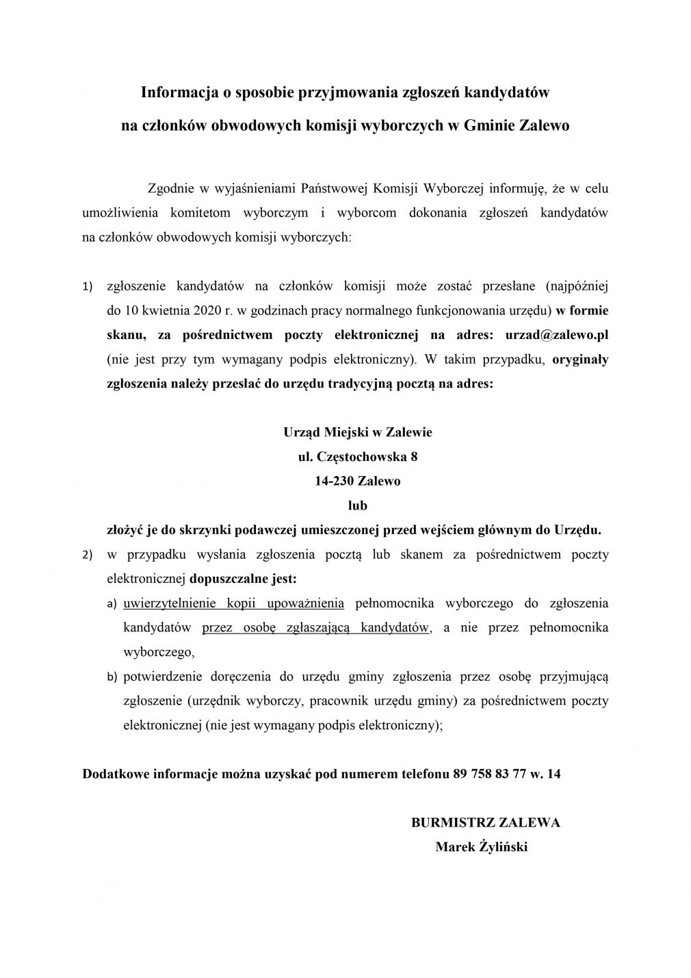 Informacja o sposobie przyjmowania zgłoszeń kandydatów na członków obwodowych komisji wyborczych w Gminie Zalewo