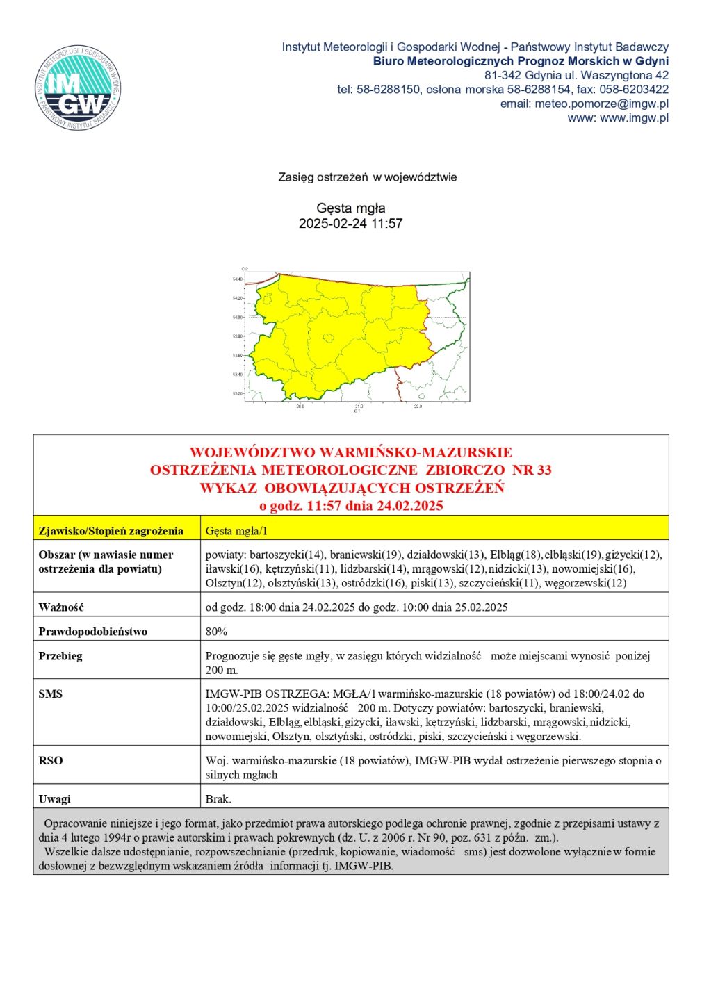 Ostrzeżenie meteorologiczne zbiorczo nr 33