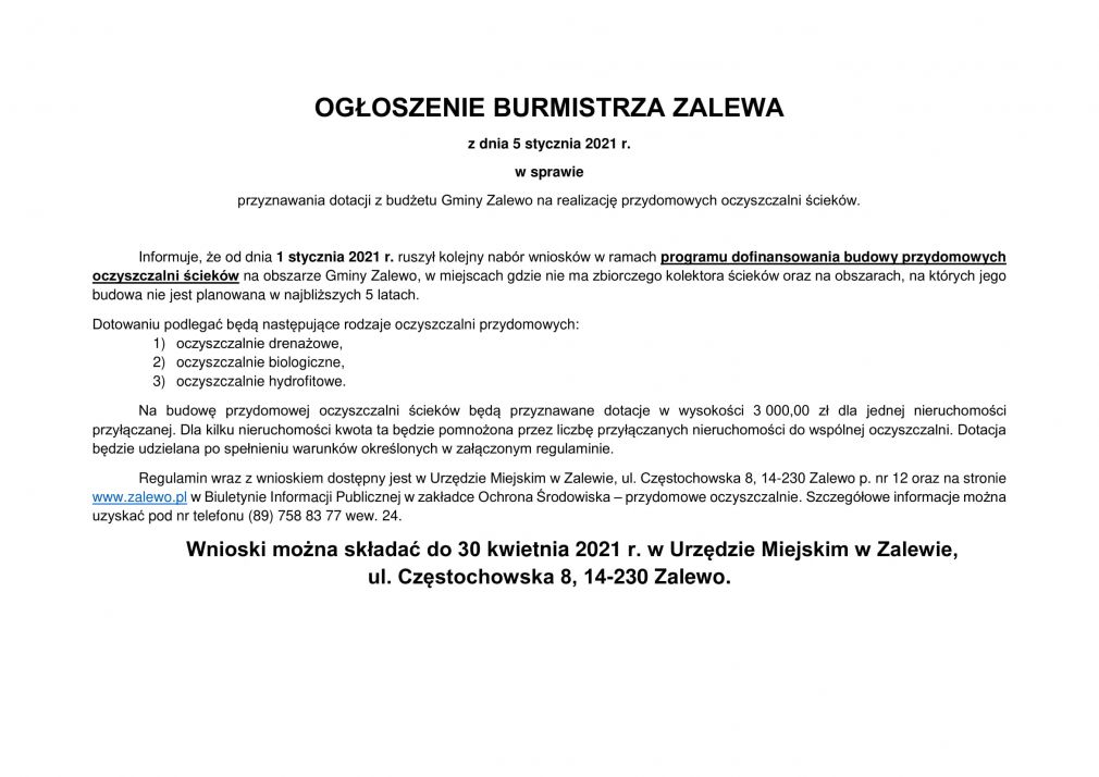 Ogłoszenie Burmistrza Zalewa