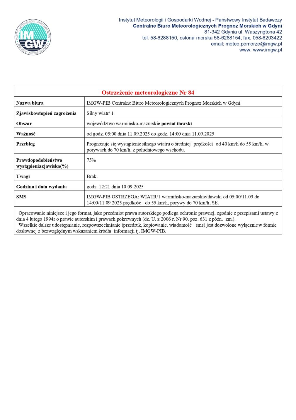 Ostrzeżenie meteorologiczne nr 84