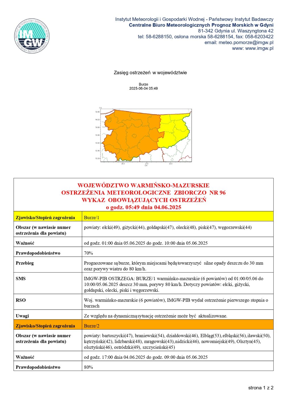 Ostrzeżenie meteorologiczne zbiorczo nr 96