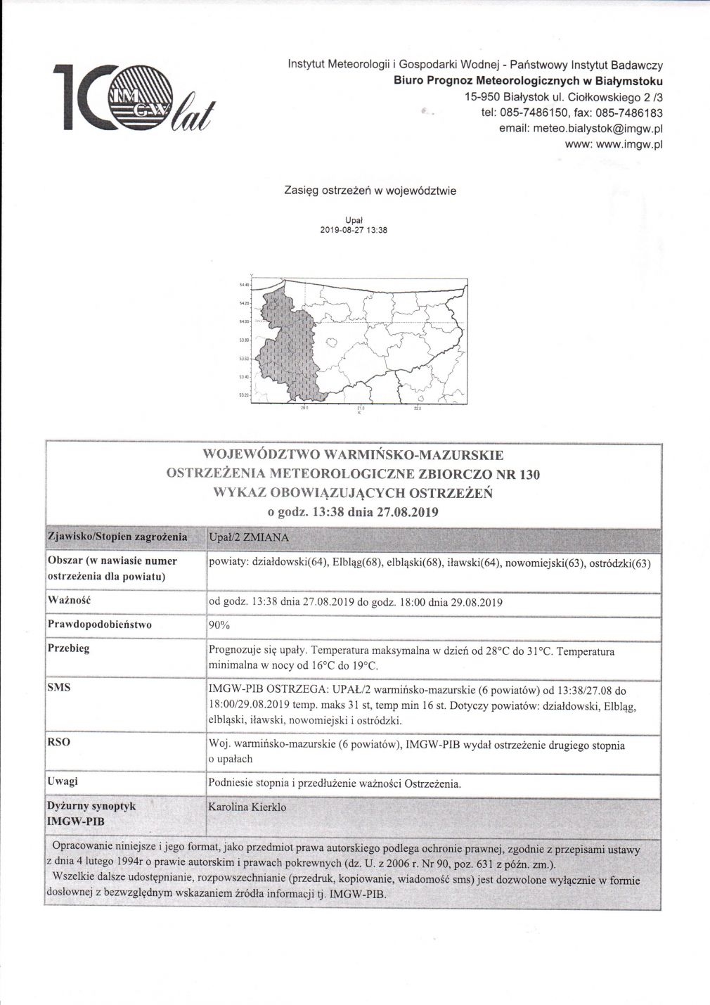 OSTRZEŻENIE METEOROLOGICZNE ZBIORCZE NR 130 z dnia 27.08.2019r.