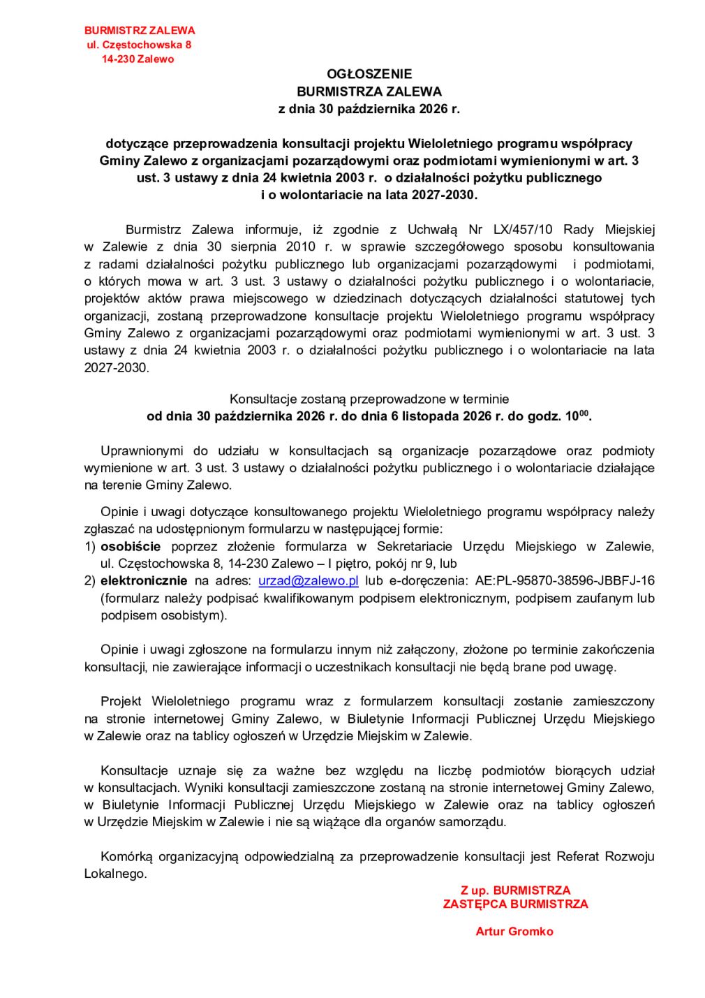 Ogłoszenie Burmistrza Zalewa w sprawie konsultacji Wieloletniego programu współpracy z organizacjami pozarządowymi na lata 2027-2030