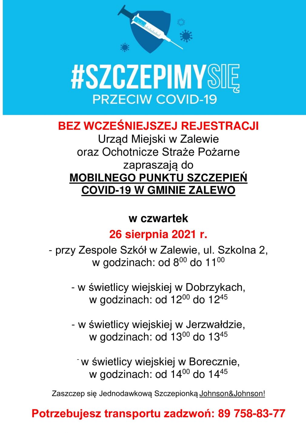 Zaproszenie do Mobilnego Punktu Szczepień w Zalewie, Dobrzykach, Jerzwałdzie i Borecznie