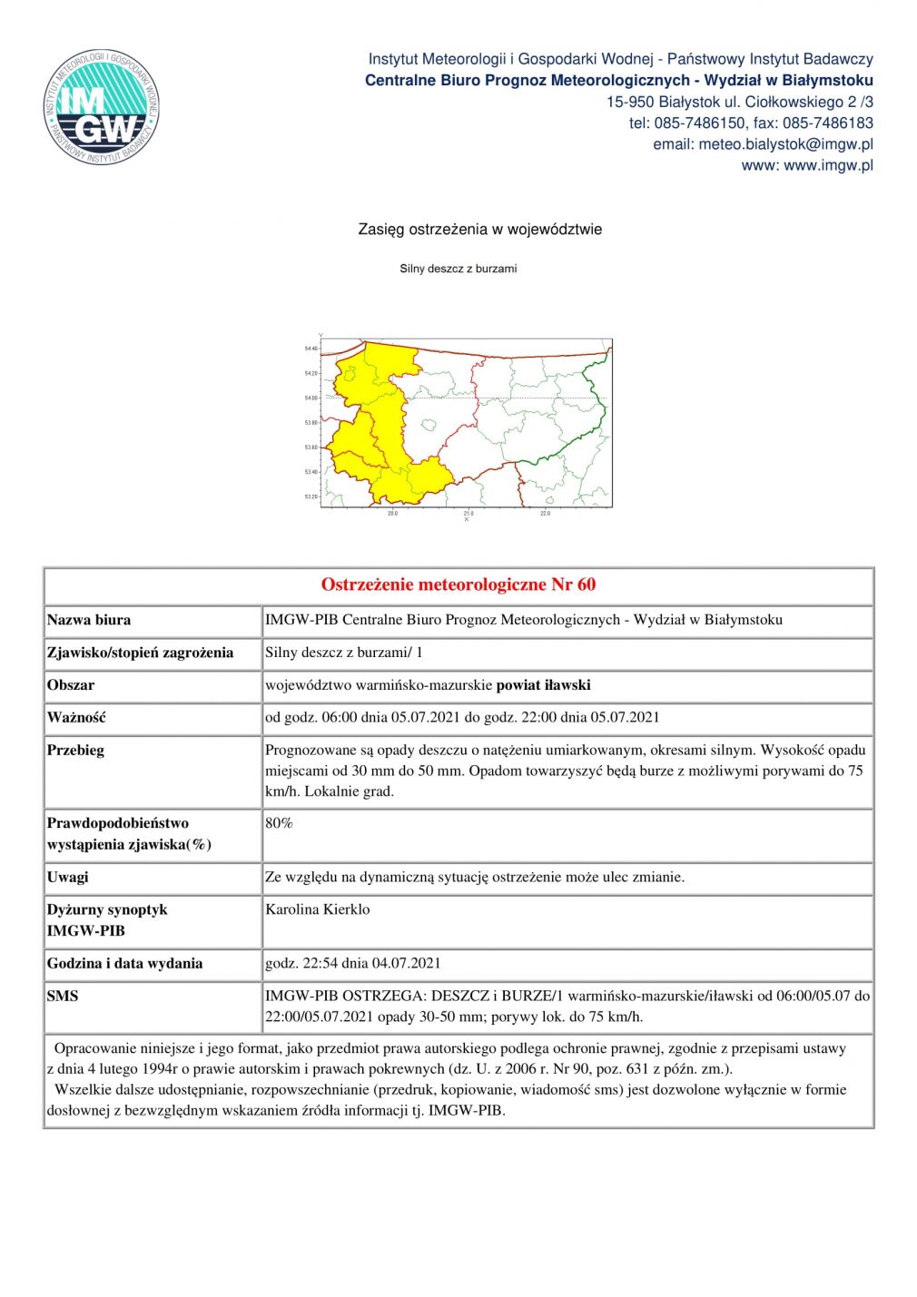 Ostrzeżenie meteorologiczne Nr 60