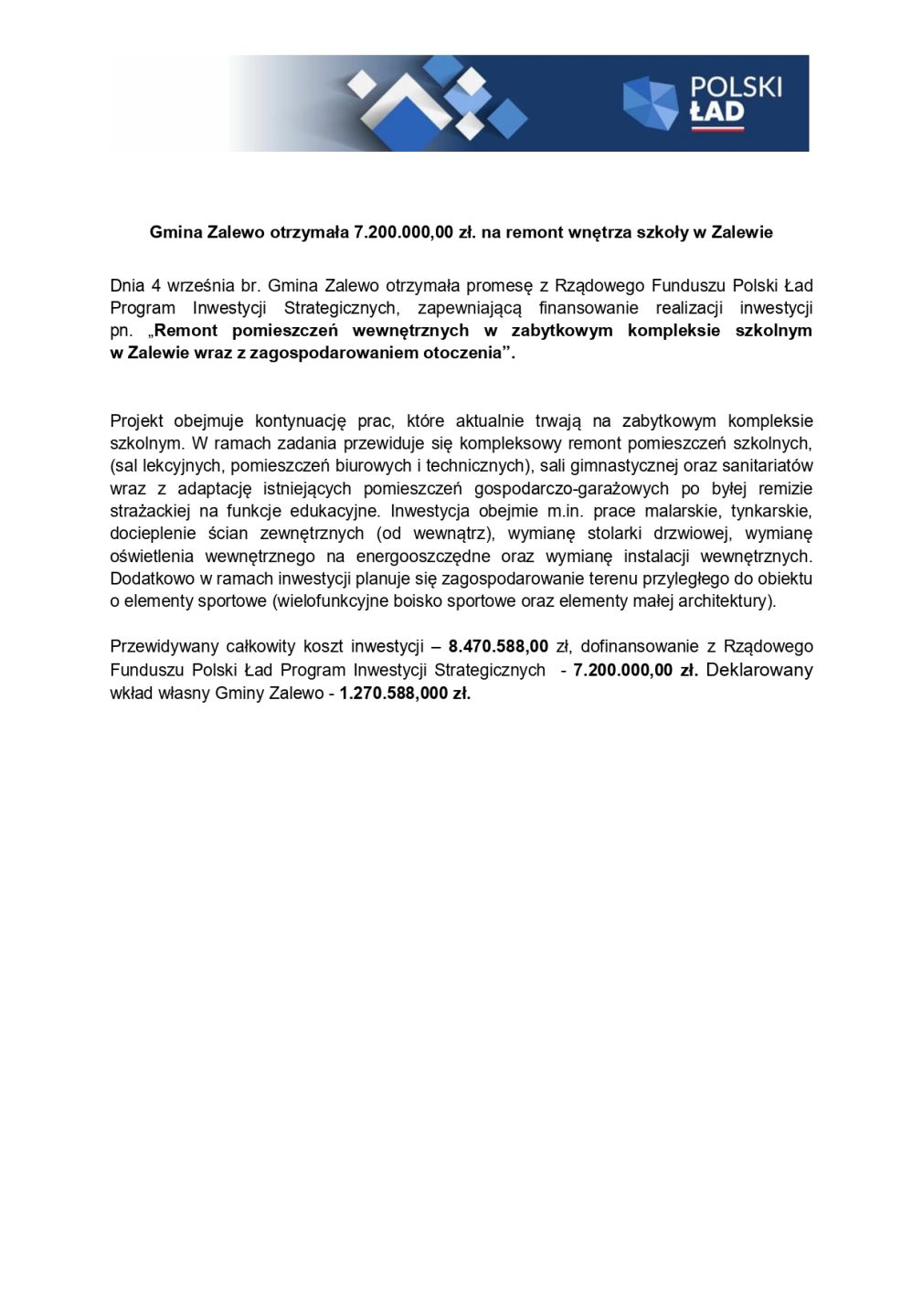 Gmina Zalewo otrzymała 7.200.000,00 zł. na remont wnętrza szkoły w Zalewie