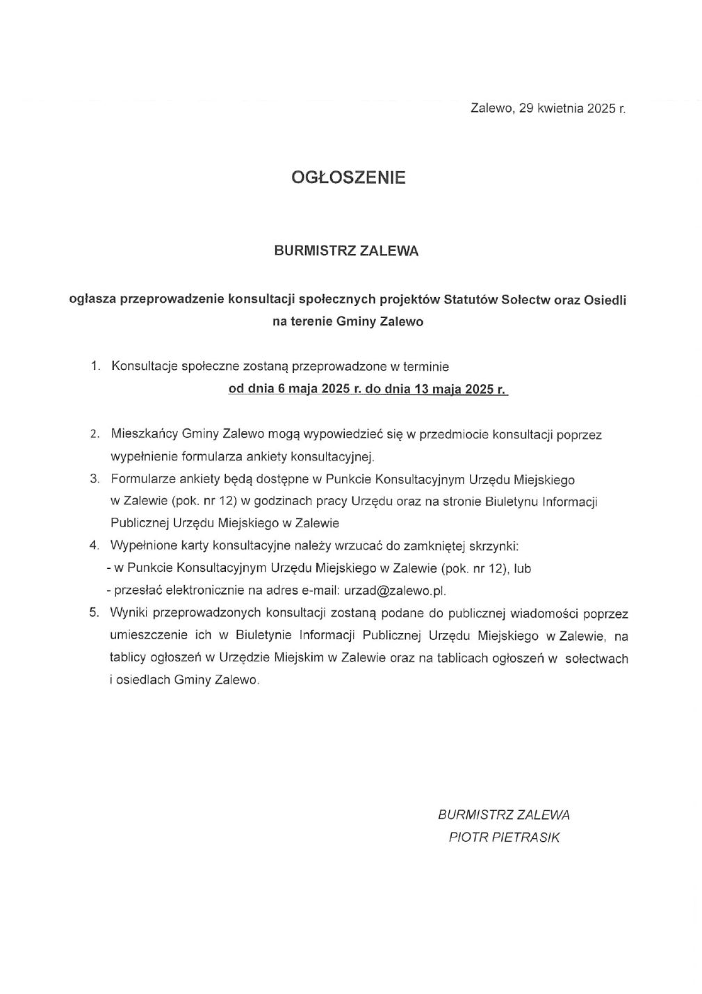 Ogłoszenie Burmistrza Zalewa w sprawie przeprowadzenia konsultacji społecznych projektów Statutów Sołectw oraz Osiedli na terenie Gminy Zalewo