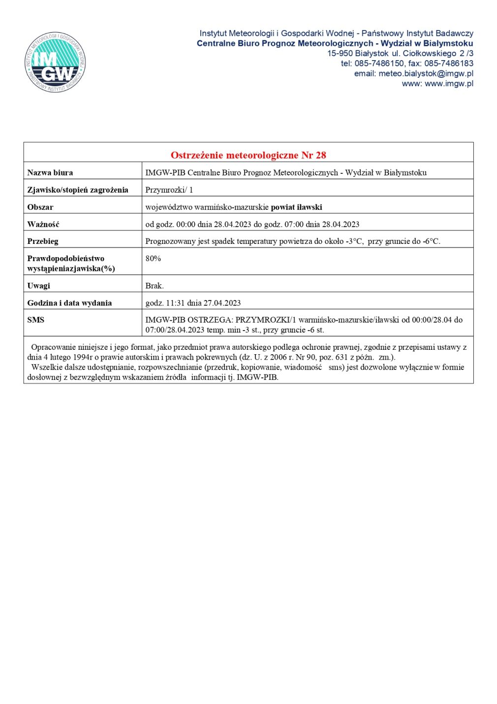 Ostrzeżenie meteorologiczne Nr 28