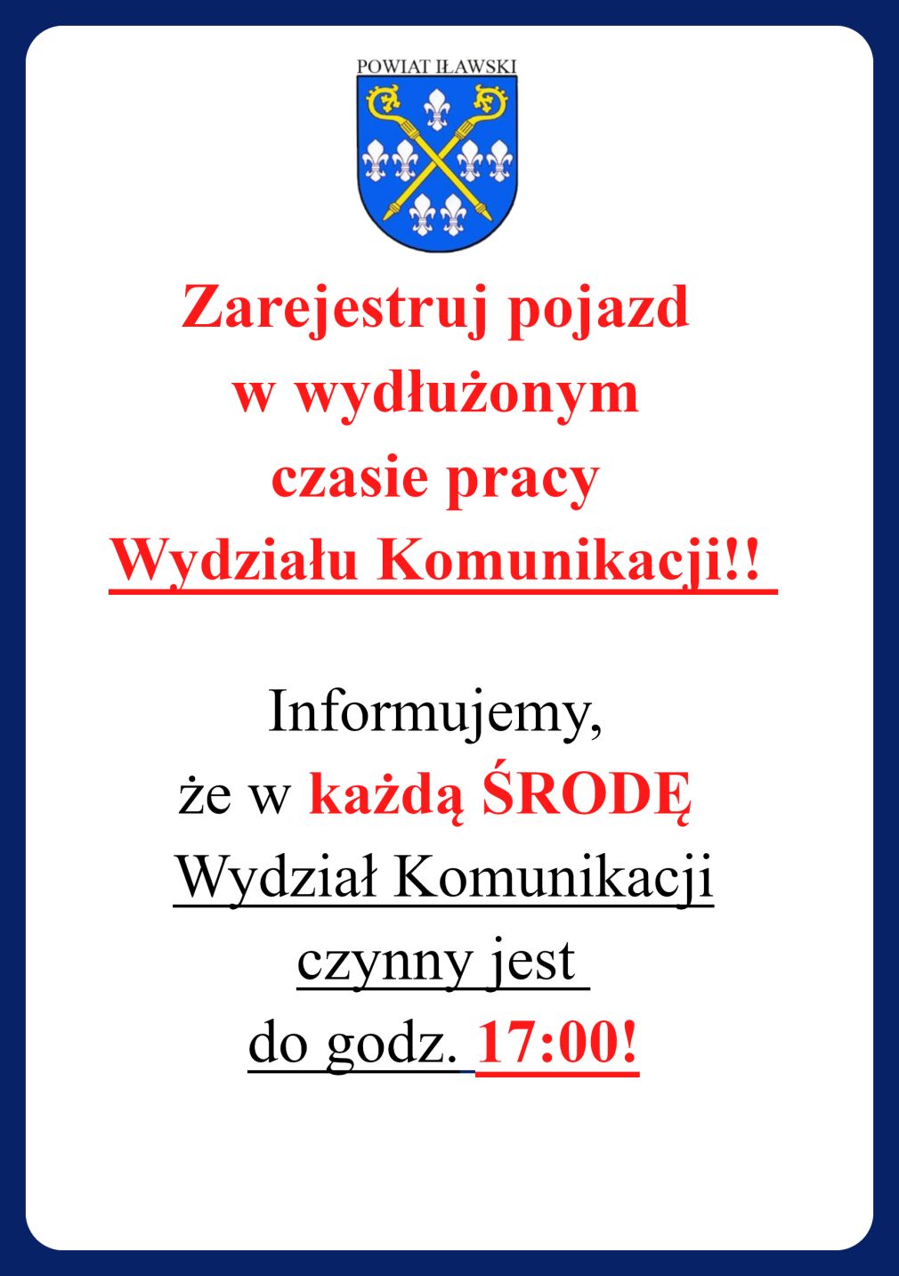 Wydłużenie czasu pracy Wydziału Komunikacji w Iławie