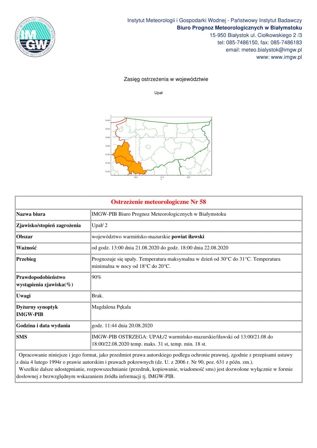 Ostrzeżenie meteorologiczne Nr 58