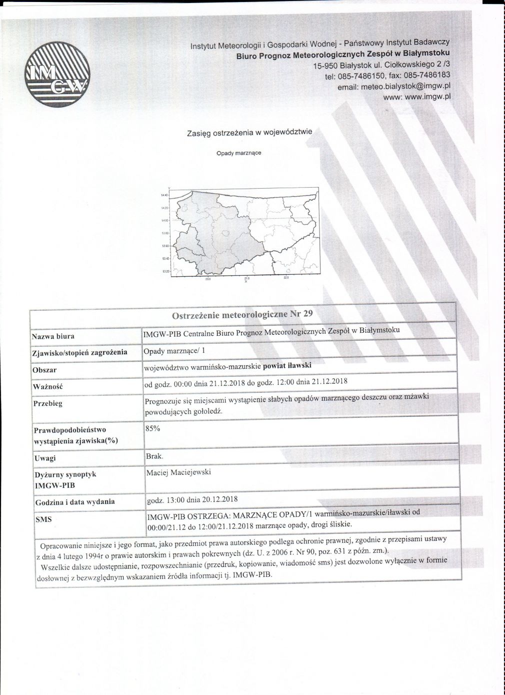 OSTRZEŻENIE METEOROLOGICZNE NR 29