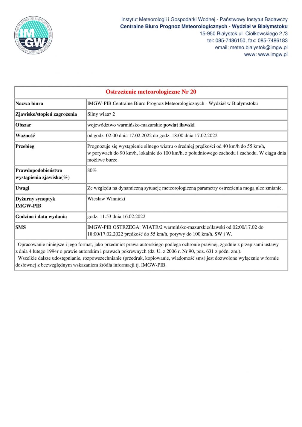 Ostrzeżenie meteorologiczne Nr 20