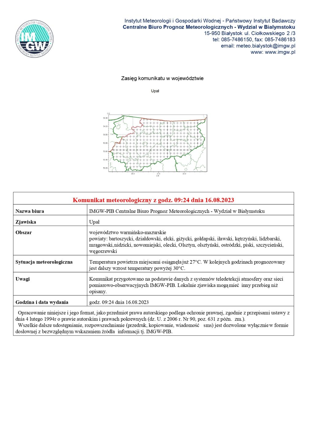 Komunikat meteorologiczny z dnia 16.08.2023 r.