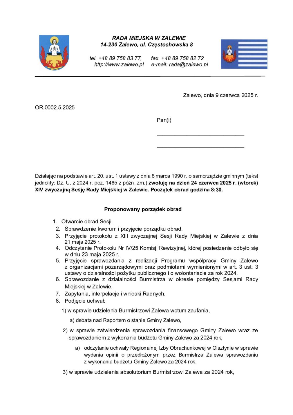 Zaproszenie na XIV Zwyczajną Sesję Rady Miejskiej w Zalewie - 24.06.2025 r.