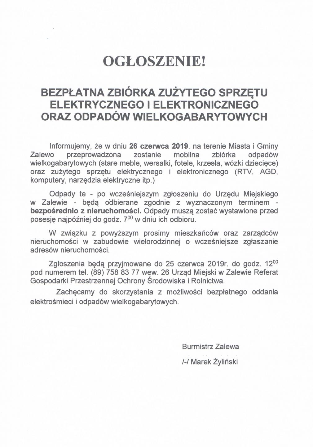 Bezpłatna zbiórka zużytego sprzętu i odpadów wielkogabarytowych