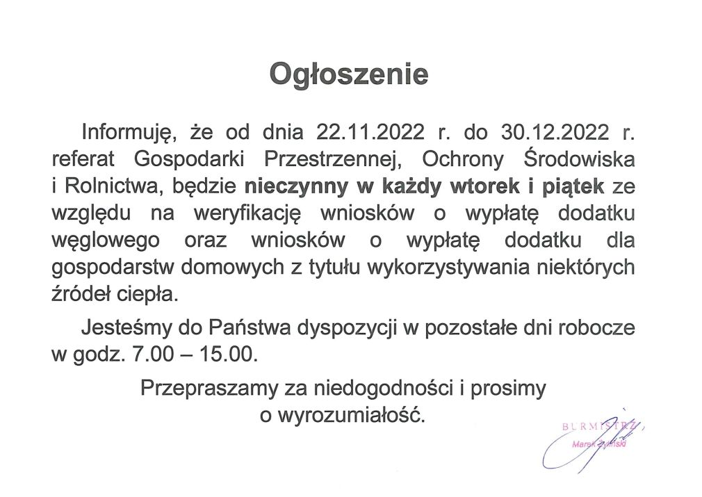 Ogłoszenie o zmianie pracy referatu GP w UM