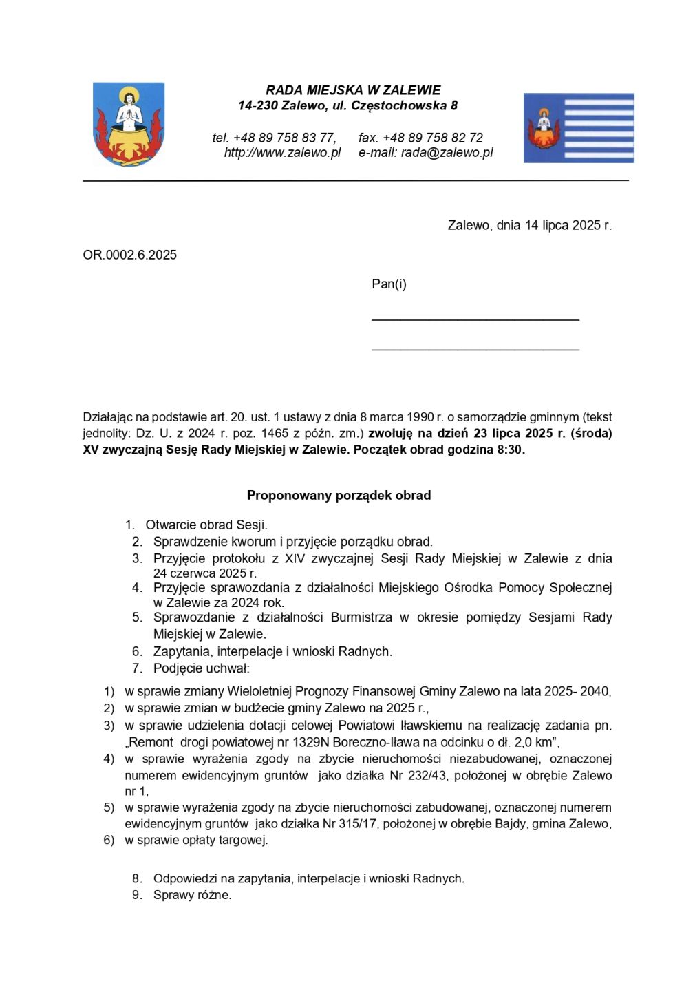 Zaproszenie na XV Zwyczajną Sesję Rady Miejskiej w Zalewie