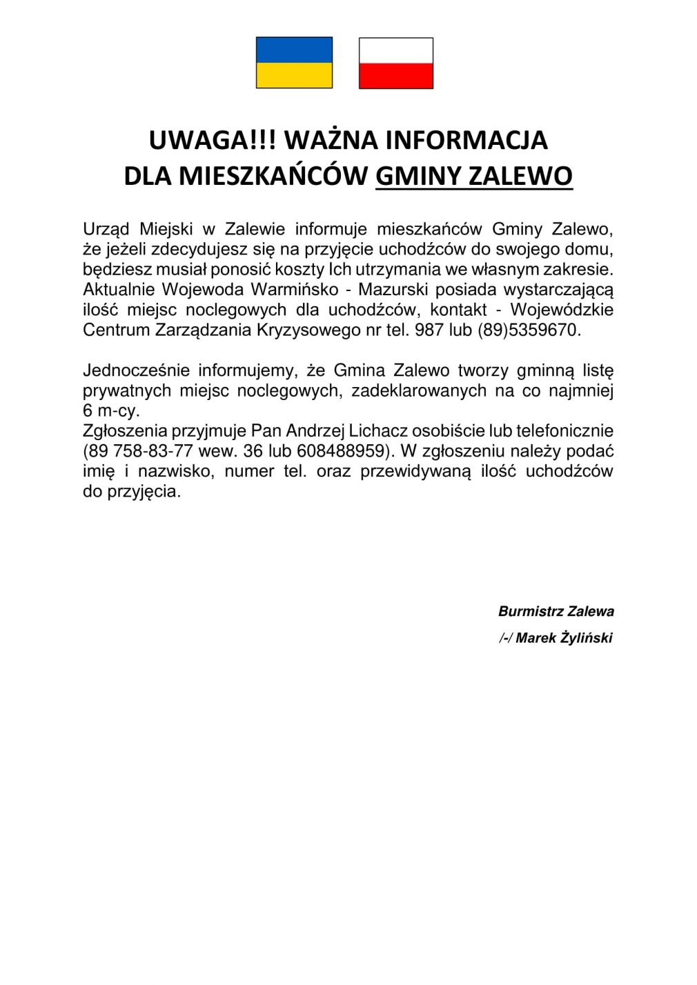 Ważna informacja dla mieszkańców Gminy Zalewo oraz dla uchodźców z Ukrainy.