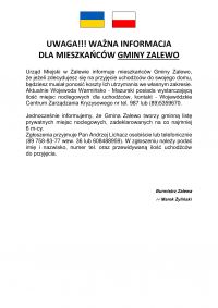 Ważna informacja dla mieszkańców Gminy Zalewo oraz dla uchodźców z Ukrainy.