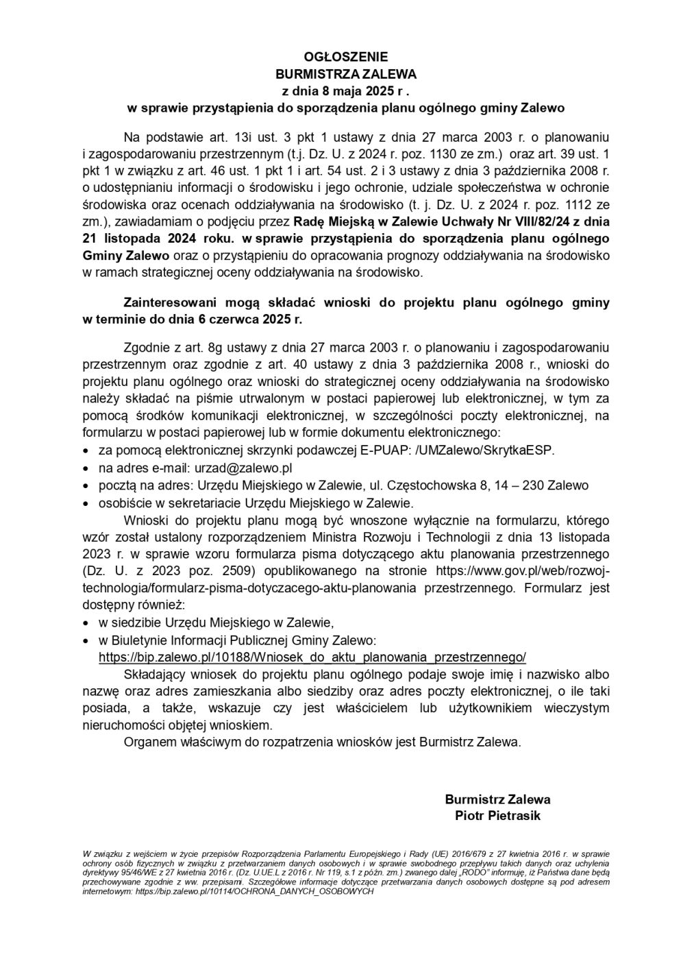 Ogłoszenie Burmistrza Zalewa w sprawie przystąpienia do sporządzenia planu ogólnego gminy Zalewo