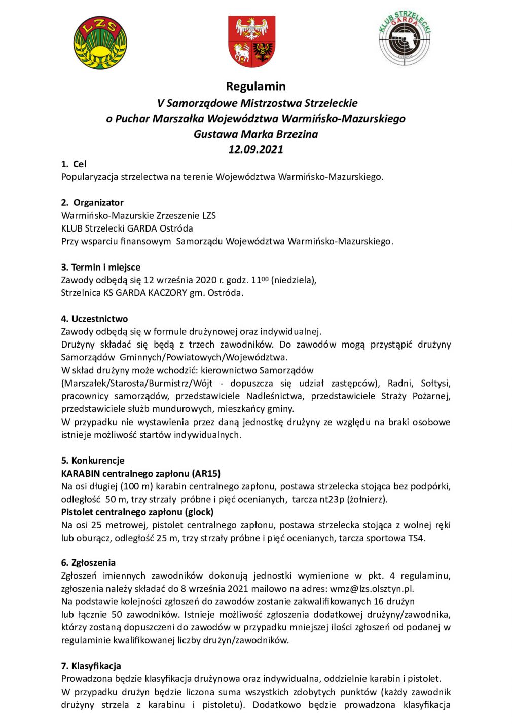 V Samorządowe Mistrzostwa Strzeleckie o Puchar Marszałka Województwa Warmińsko-Mazurskiego Gustawa Marka Brzezina