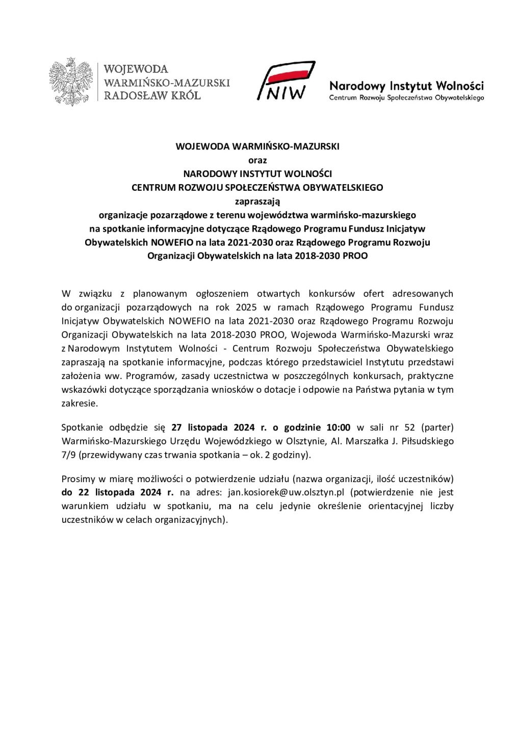 Spotkanie informacyjne dotyczące Rządowego Programu Fundusz Inicjatyw Obywatelskich NOWEFIO na lata 2021-2030 oraz Rządowego Programu Rozwoju Organizacji Obywatelskich na lata 2018-2030 PROO