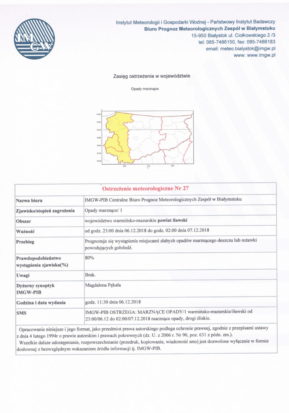 Ostrzeżenie meteorologiczne Nr 27