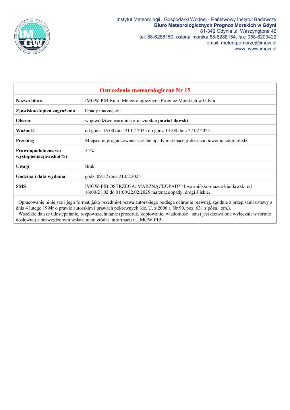 Ostrzeżenie meteorologiczne nr 15