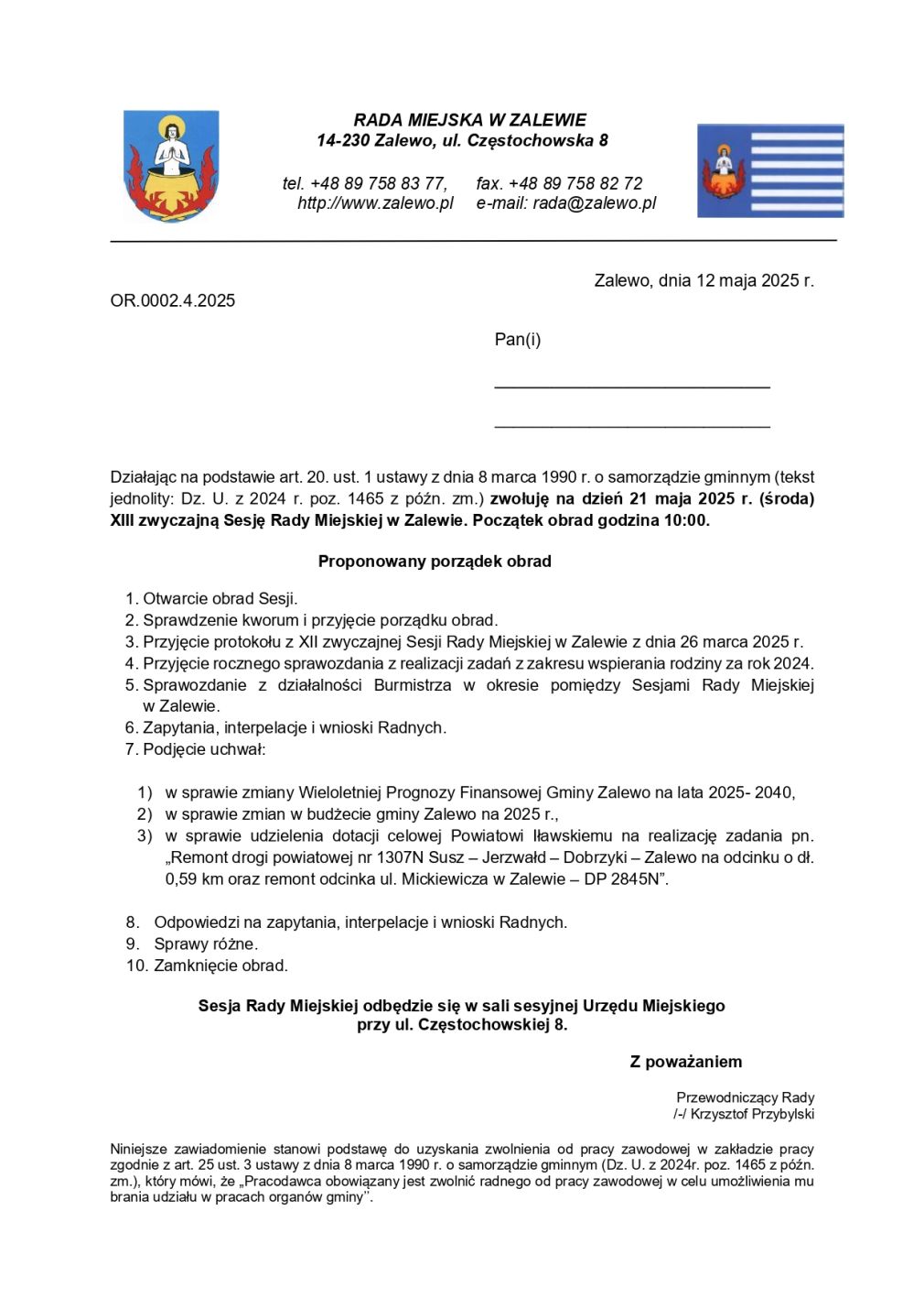 Zaproszenie na XIII Zwyczajną Sesję Rady Miejskiej w Zalewie.