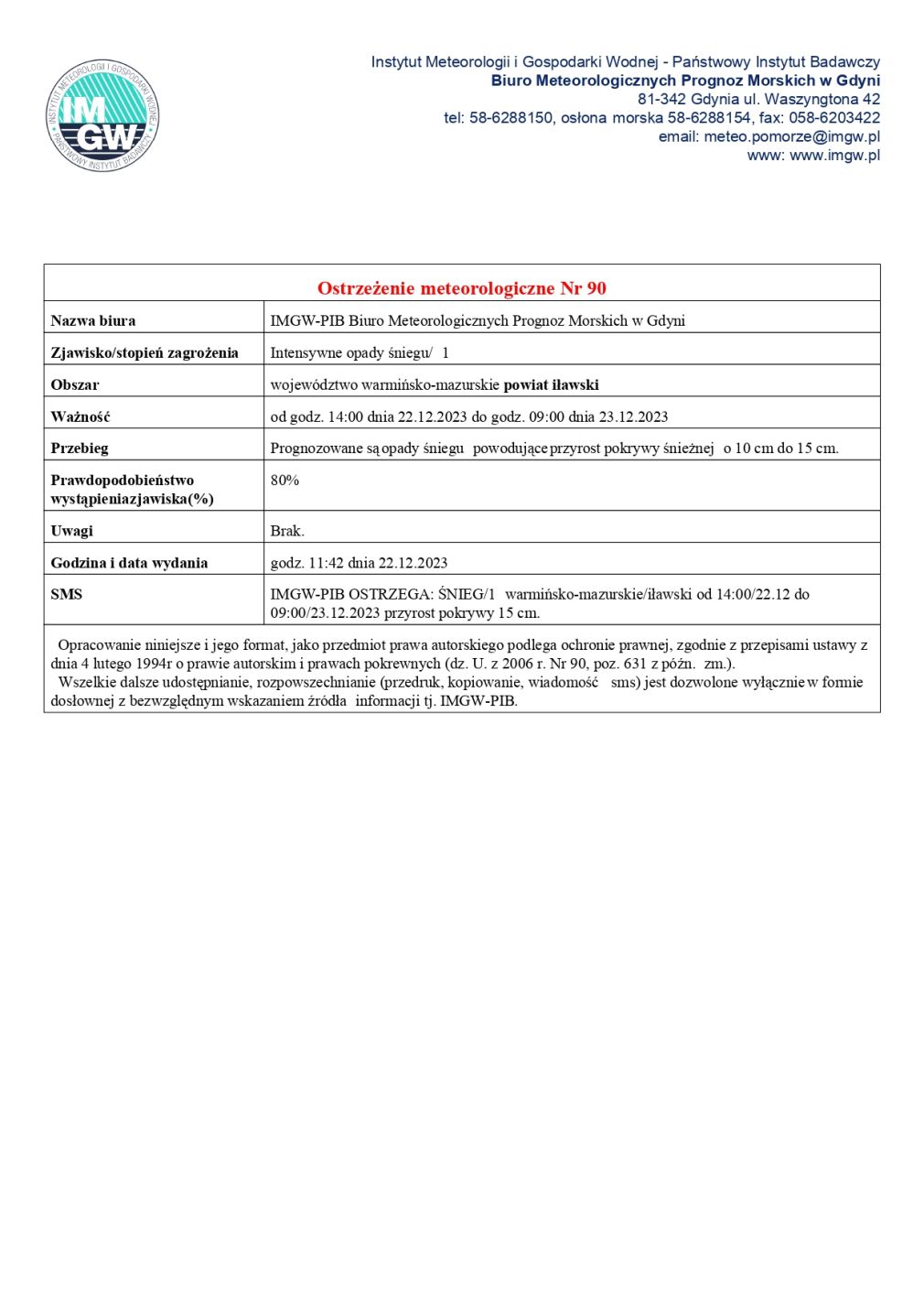 Ostrzeżenie meteorologiczne nr 90