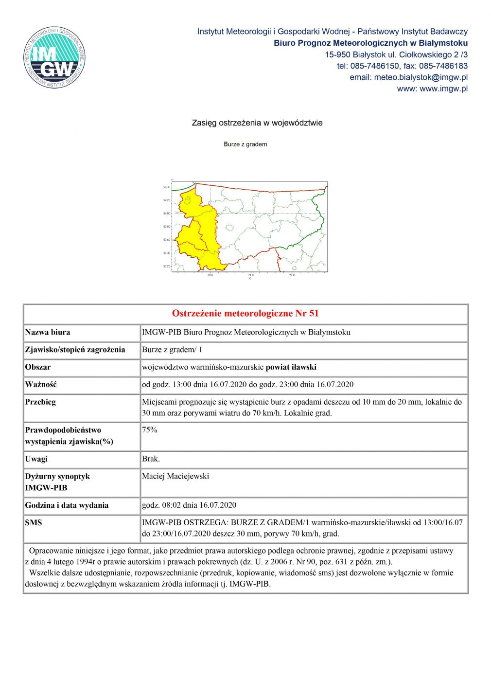 Ostrzeżenie meteorologiczne Nr 51