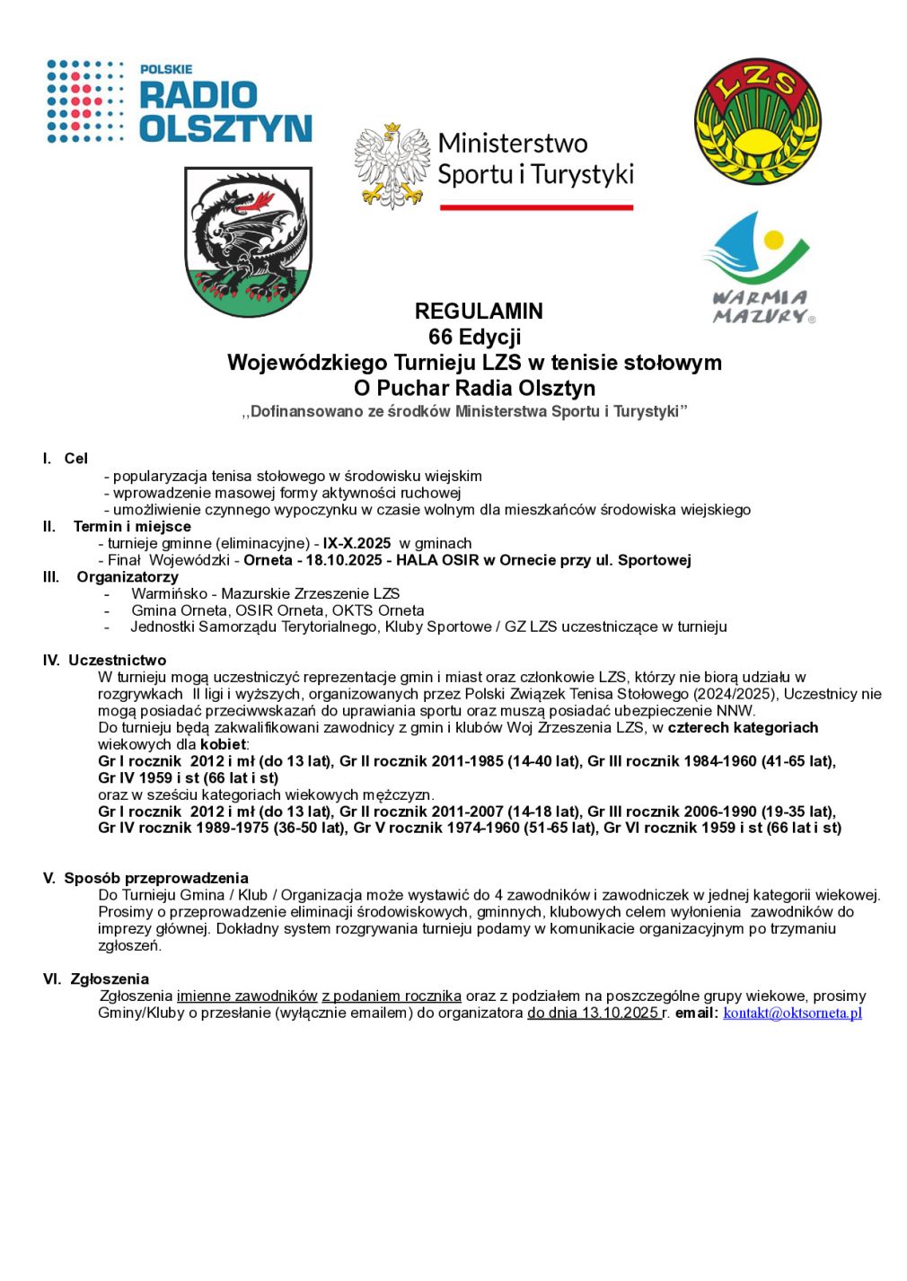 Zaproszenie na 66 Edycję Wojewódzkiego Turnieju LZS w tenisie stołowym O Puchar Radia Olsztyn - Orneta, 18.10.2025 r.