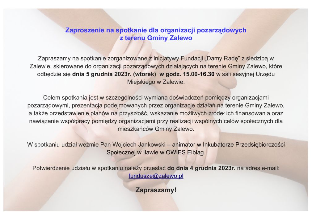 Zaproszenie na spotkanie dla organizacji pozarządowych z terenu Gminy Zalewo - 05.12.2023r.