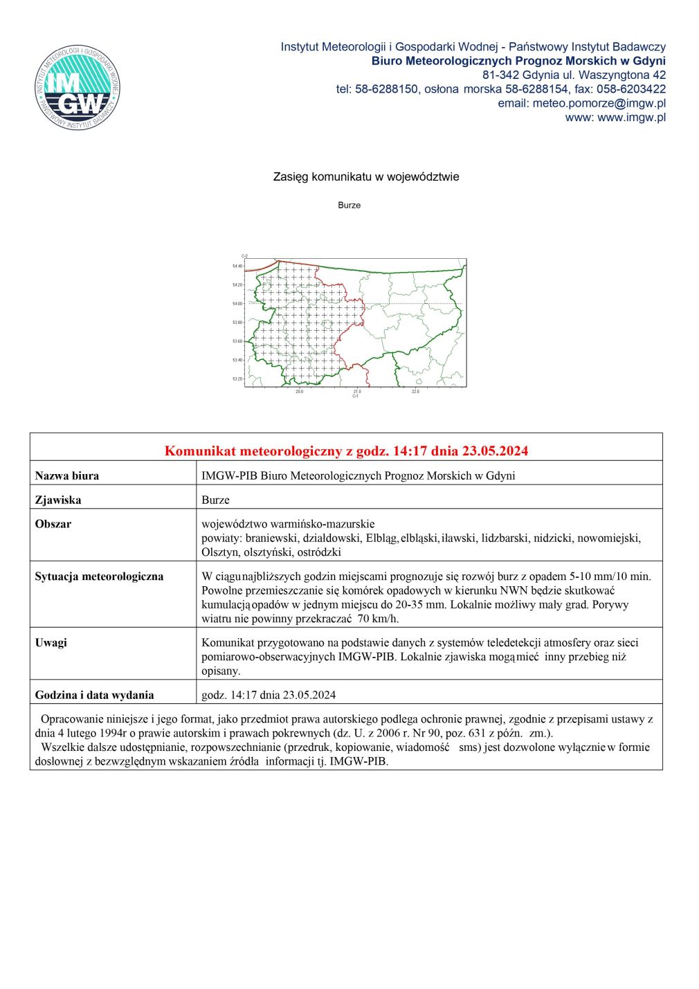 Komunikat meteorologiczny z dnia 23.05.2024 r.