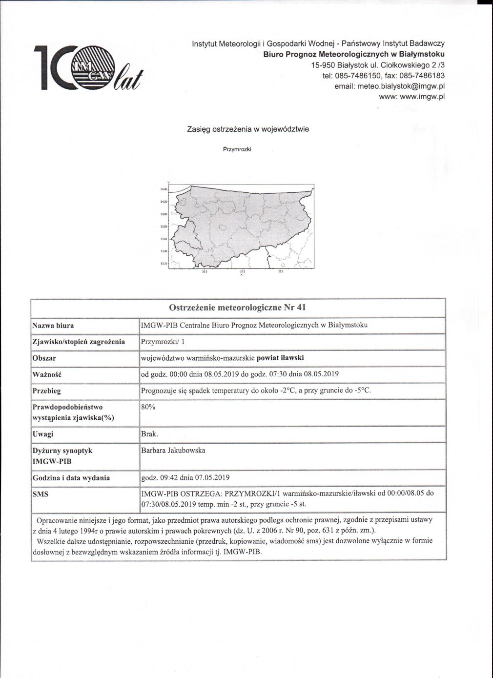 OSTRZEŻENIE METEOROLOGICZNE Nr 41 z dnia 07.05.2019r.