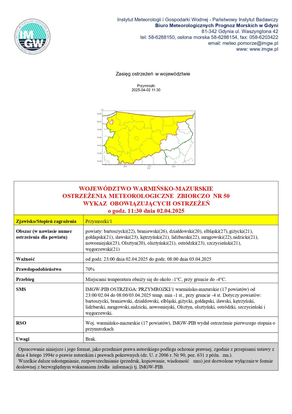 Ostrzeżenie meteorologiczne  nr 50