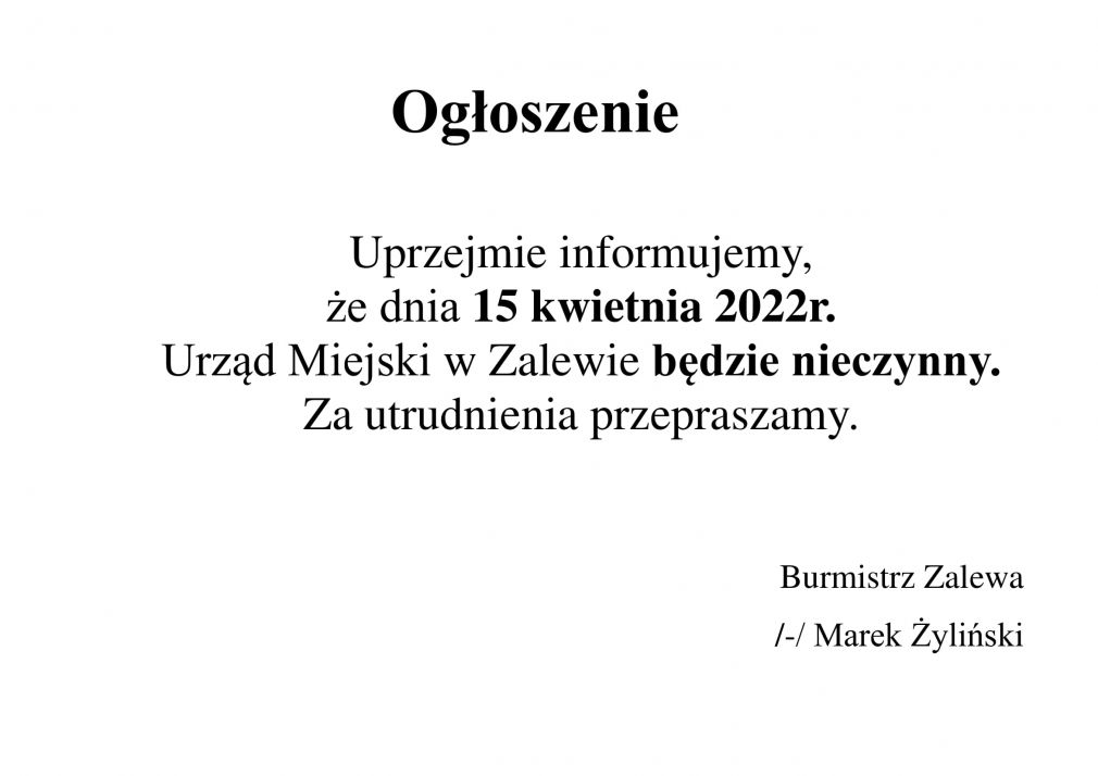 Ogłoszenie Burmistrza Zalewa