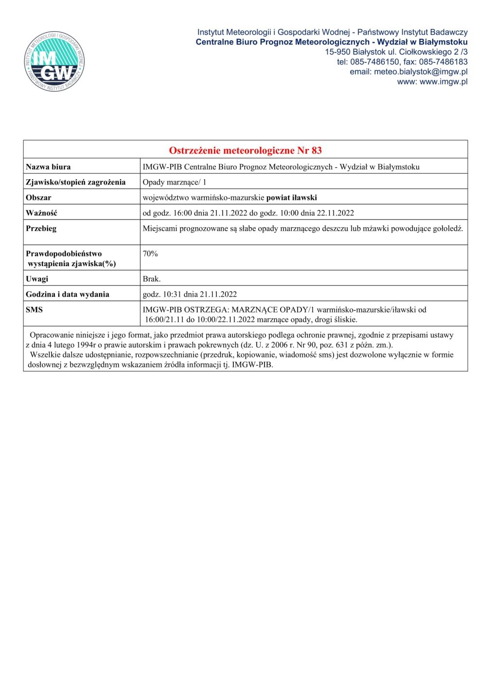 Ostrzeżenie meteorologiczne Nr 83