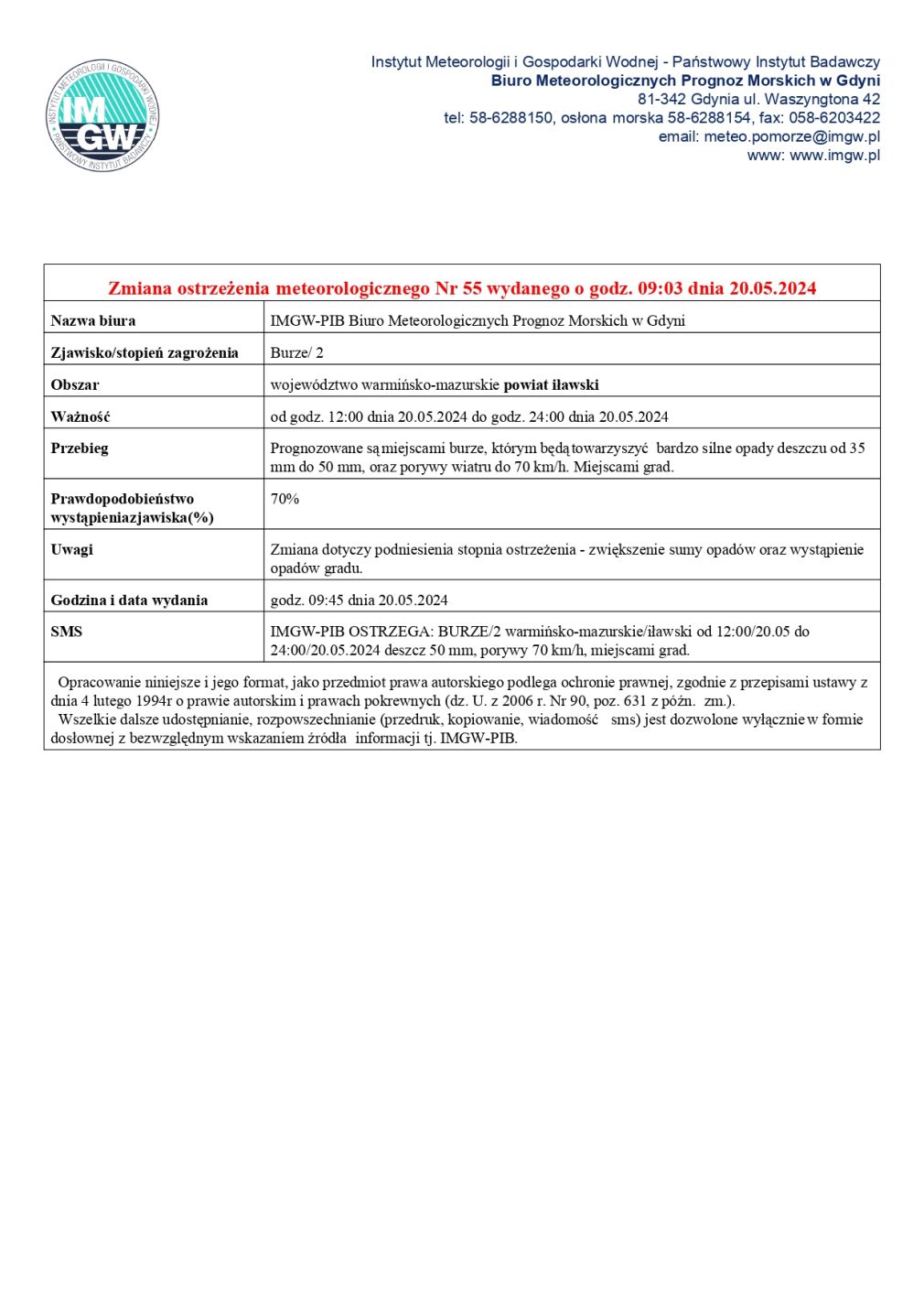 Zmiana ostrzeżenia meteorologicznego nr 55 z dnia 20.05.2024 r.