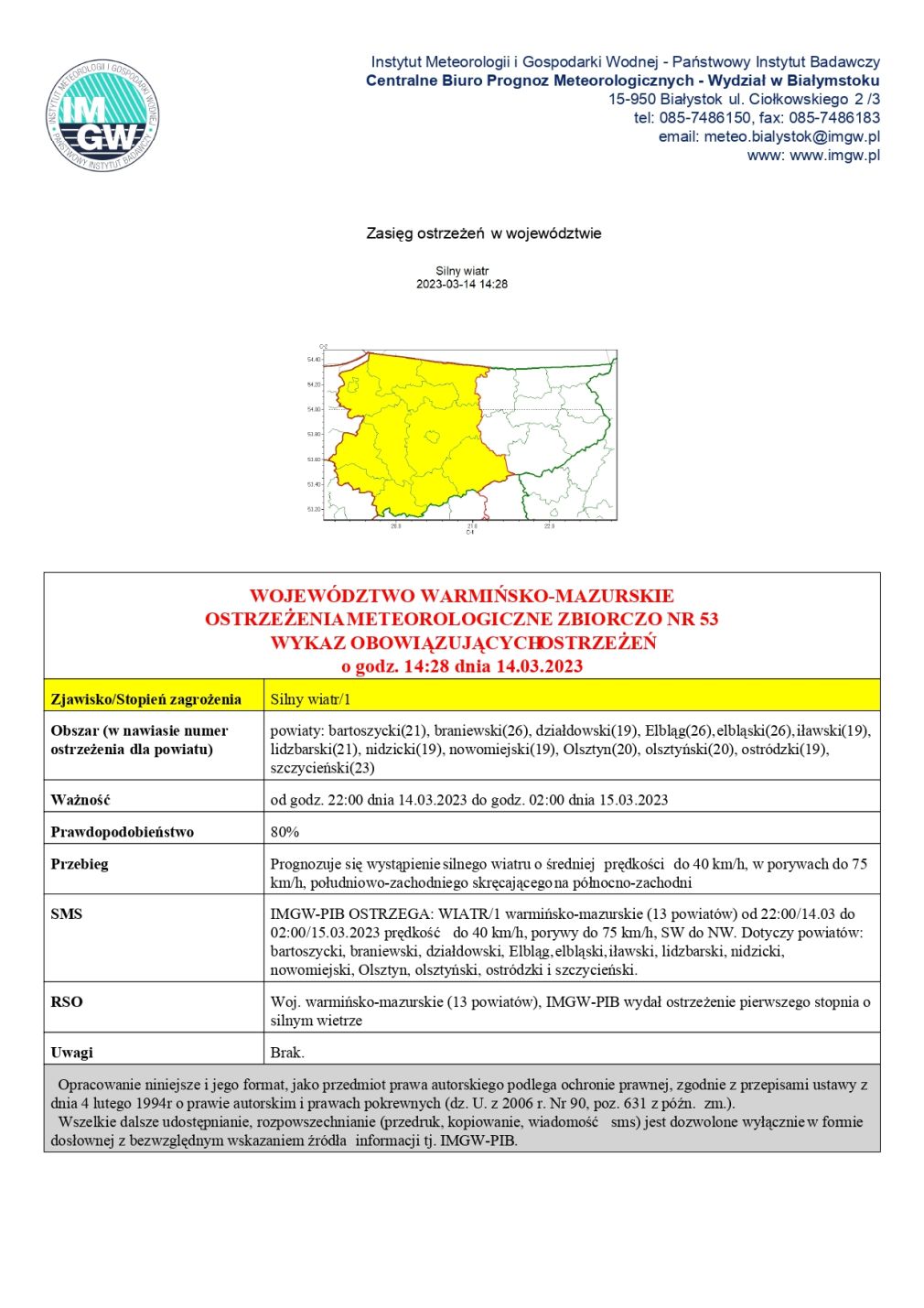 Ostrzeżenie meteorologiczne zbiorczo nr 53