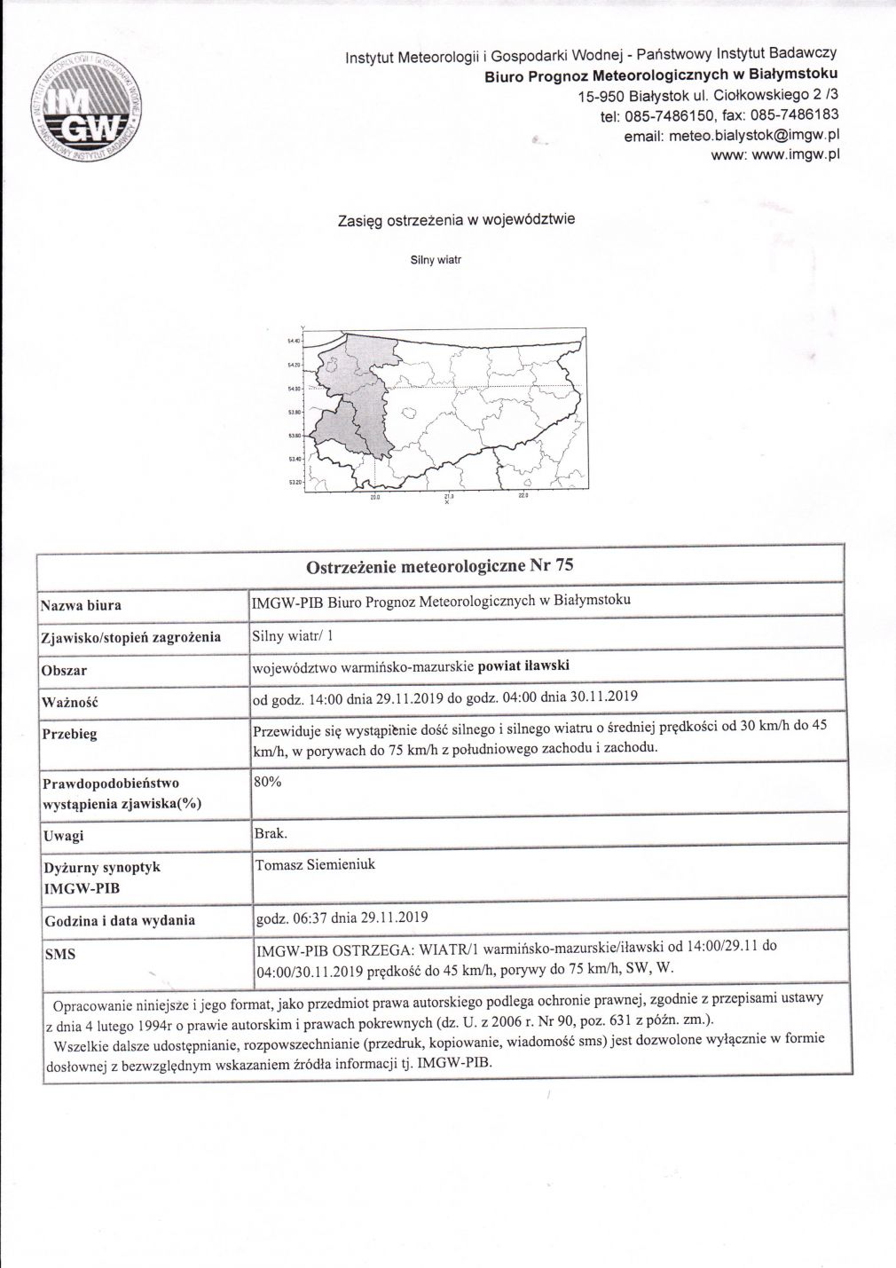 OSTRZEŻENIE METEOROLOGICZNE NR 75 z dnia 29.11.2019r.