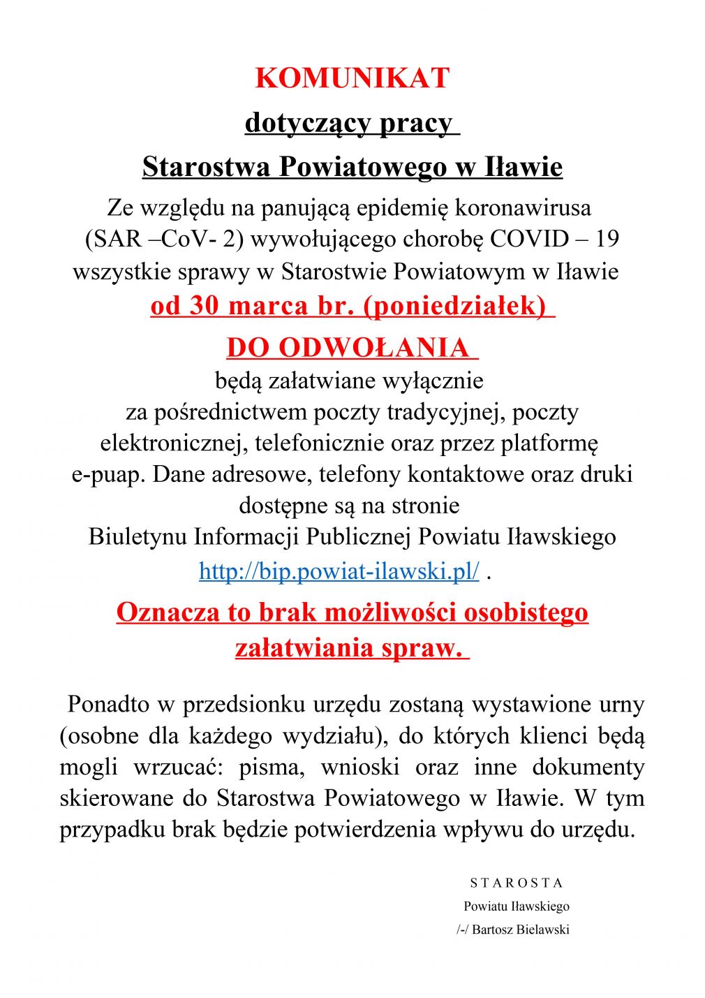 Komunikat dotyczący pracy Starostwa Powiatowego w Iławie