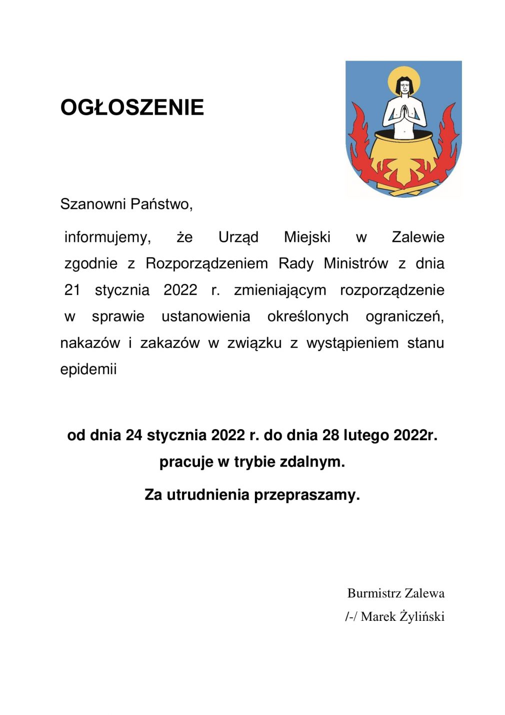 Ogłoszenia Burmistrza Zalewa