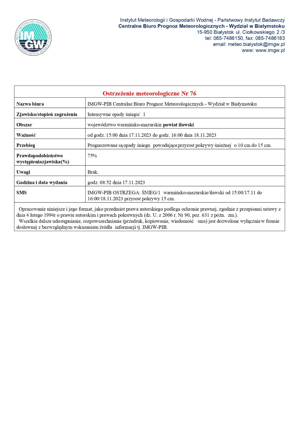 Ostrzeżenie meteorologiczne Nr 76