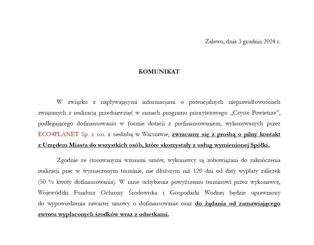 Prośba o kontakt z Urzędem Miejskim w Zalewie osób, które skorzystały z usługi firmy ECO4PLANET Sp. z o.o.