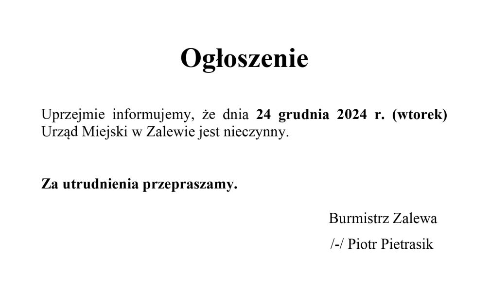 Ogłoszenie Burmistrza Zalewa